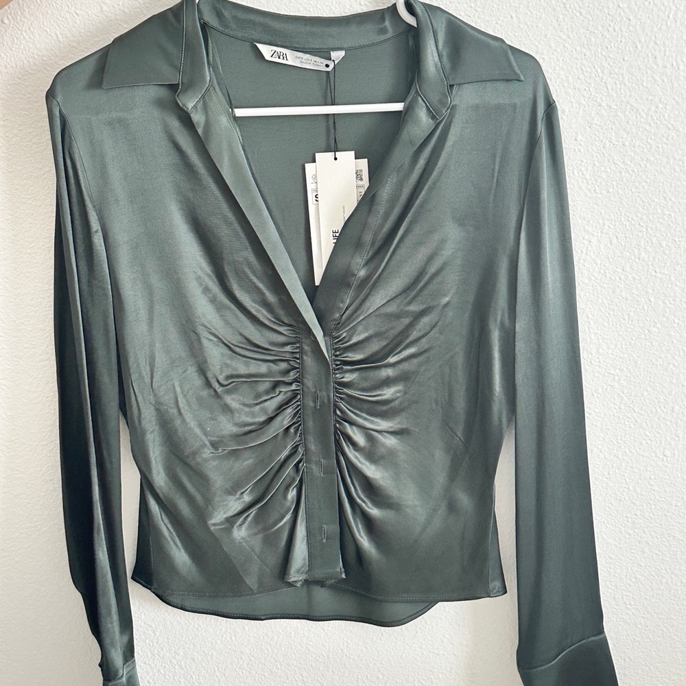 Zara Women's Satin Blouse in Deep Green